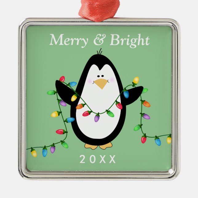 Den ljus roliga pingvinet som är glad och, julgransprydnad metall (Framsidan)