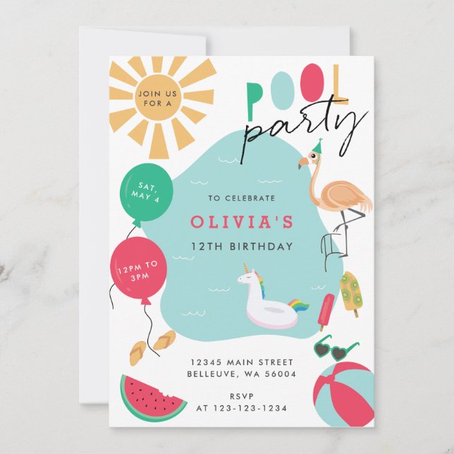 Den ljusa födelsedagsfesten Bassäng Party Inbjudningar (Framsida)