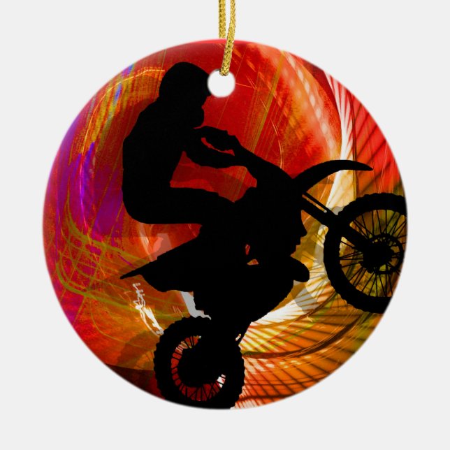 Den ljusa motocrossen görar strimmig i en julgransprydnad keramik (Framsidan)