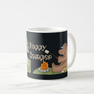 Den lyckliga camparen uthärdar den roliga kaffemugg