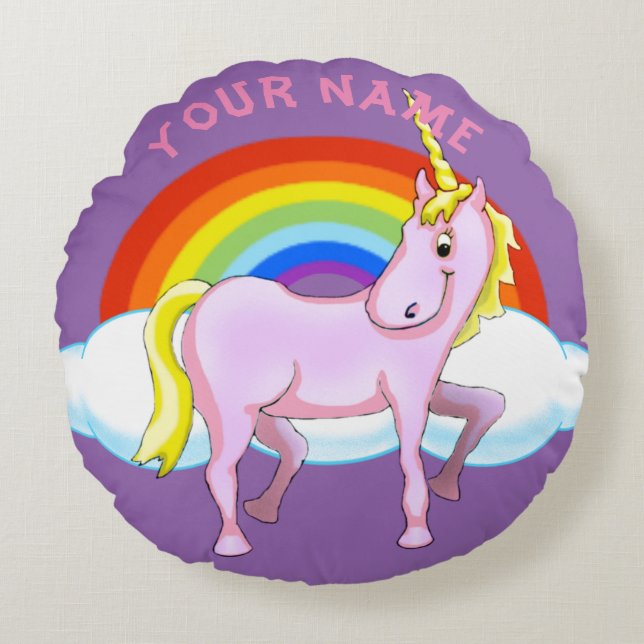 Den lyckliga unicornen kudder (anpassadet) rund kudde (Framsidan)