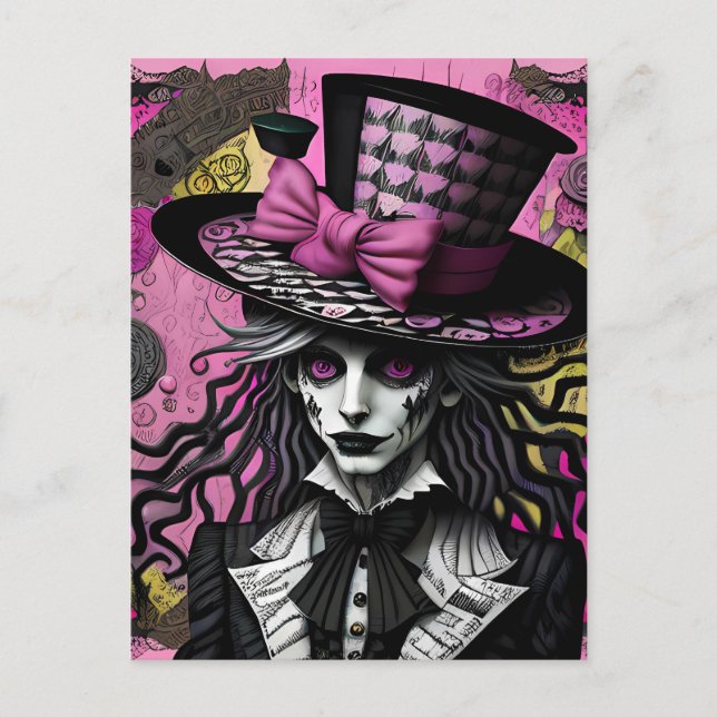 Den mad Hatter Rosa och svart Alice Inspired Vykort (Framsida)