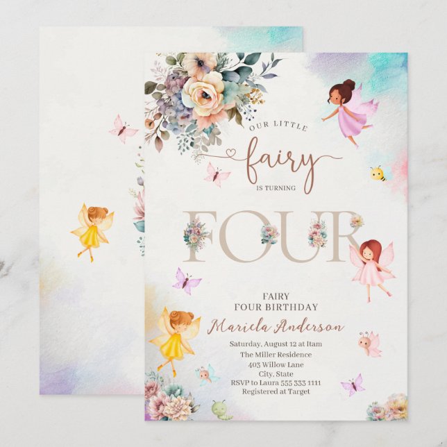 Den magiska Blommigten Fairy Princess vänder fyra  Inbjudningar (Fram/baksida)