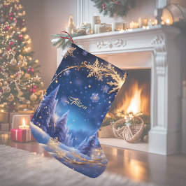 Den magiska jultiden - guldfärgad snöflingor på bl liten julstrumpa