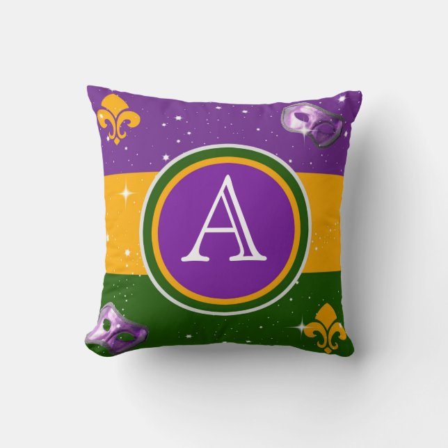Den Mardi Gras monogramen kudder w/mask och fleur Kudde (Framsida)