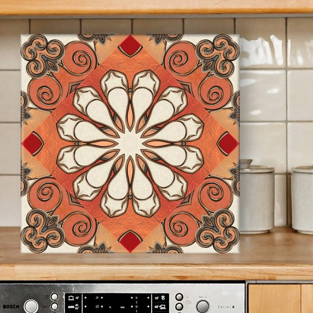Den marockanska jordklotet Mönster Geometric Ceram Kakelplatta (Tile featuring an abstract floral geometric pattern in Moroccan Mediterranean style in earth tones)
