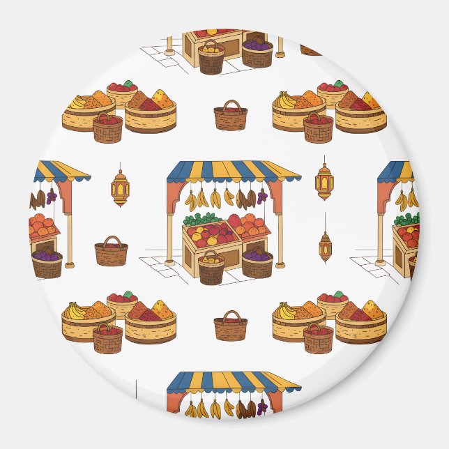 Den marockanska marknaden och fruktutbudet i Mönst Magnet (Framsidan)