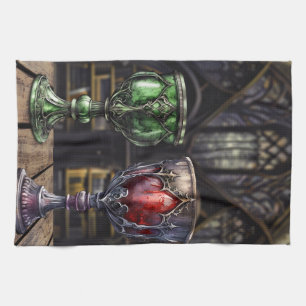 Den medeltida gotiska Grönten Red Goblet Castle Bi Kökshandduk