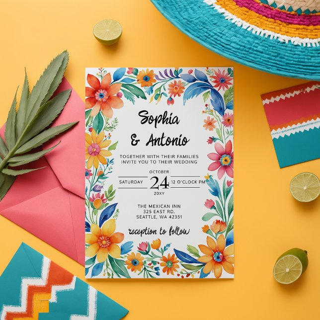 Den mexikanska Blommigten Fiesta Bröllop Inbjudningar (Colorful Mexican Floral Fiesta Wedding Invitation)