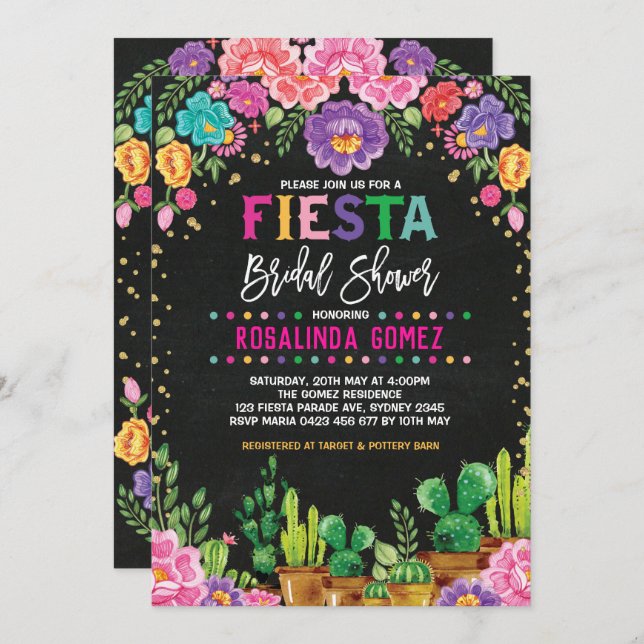 Den mexikanska Blommigtens Möhippa Fiesta Flowers  Inbjudningar (Fram/baksida)