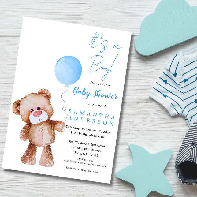 Den minimalistiska björnen är en pojke! Baby Showe Inbjudningar (Modern Teddy Bear Boy Baby Shower Invitation, Its a Boy)