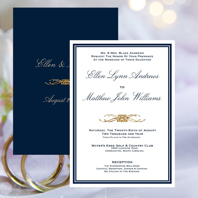 Den minimalistiska Guld-Eleganten i flottan och  B Inbjudningar (Navy and Gold Elegant Minimalist Wedding Invitation)