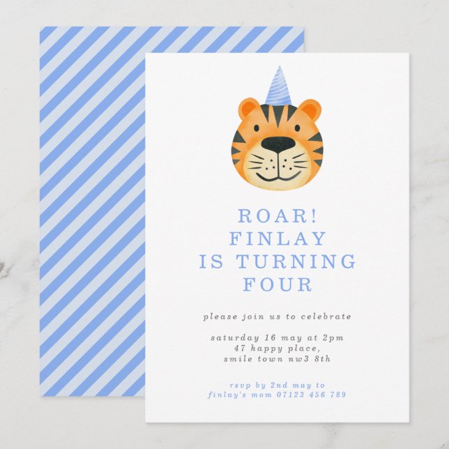 Den minimalistiska pojkens 4e födelsedagen Tiger P Inbjudningar (Fram/baksida)