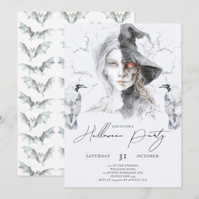 Den minimalistiske Halloween-Porträtt Haunted Skog Inbjudningar (Fram/baksida)