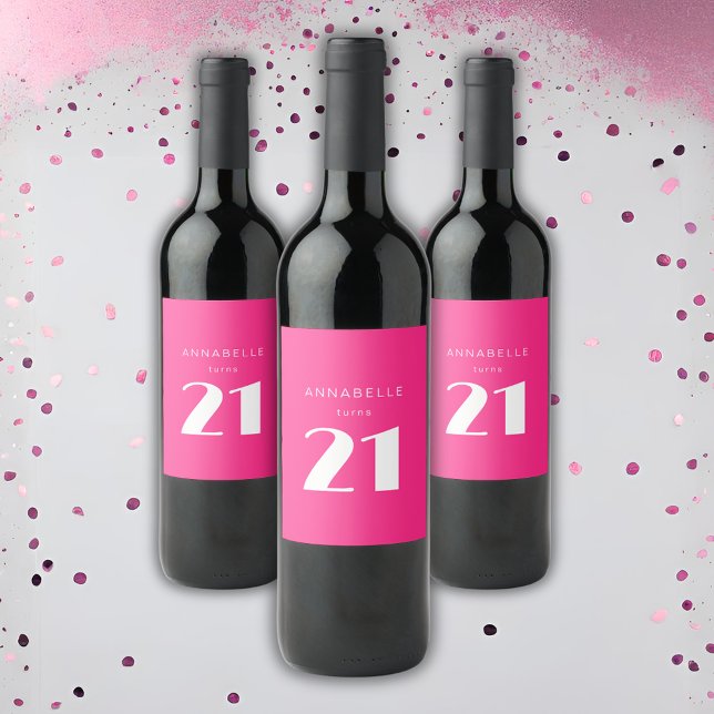 Den moderna 21:a tjugoen-Födelsedagsfesten Vinflaska Etikett (Hot pink custom bottle labels for girls 21st birthday party celebrations and party decor. )