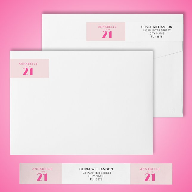 Den moderna 21:a tjugoen Rosa-Födelsedagsfesten Etikettband (Modern pink wrap around return address labels for modern pink girls 21st twenty one birthday)