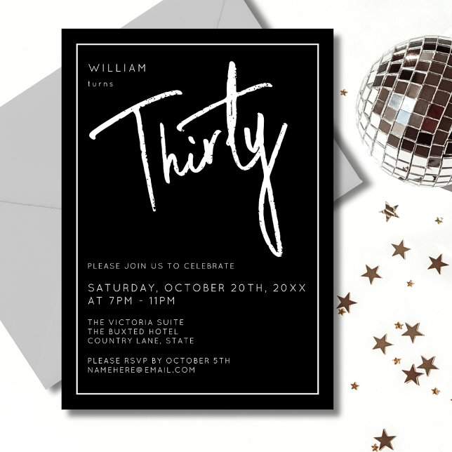 Den moderna 30:e trettionde svarta födelsedagsfest inbjudningar (Stylish and modern black and white men's 30th birthday invitation with minimal script lettering.)