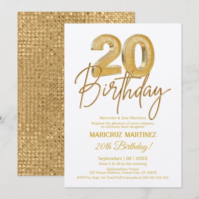 Den moderna 3D Guld Glitter 20:e Födelsedagsfesten Inbjudningar (Fram/baksida)