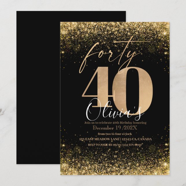 Den moderna 40:e födelsedagen Party Svarta Guld Gl Inbjudningar (Fram/baksida)
