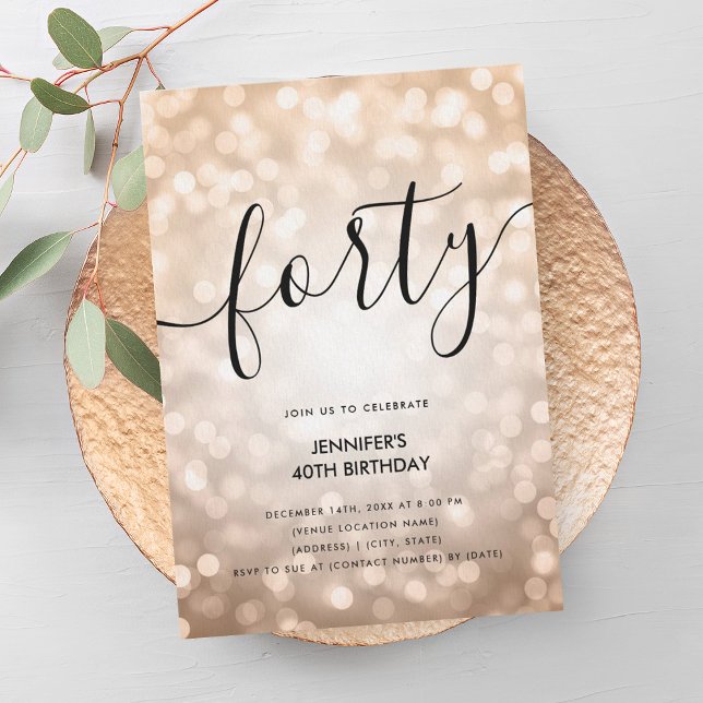 Den moderna 40:e födelsedagen Ro Guld Glitter Ljus Inbjudningar (Modern Rose Gold Glitter Lights 40th Birthday Invitation)