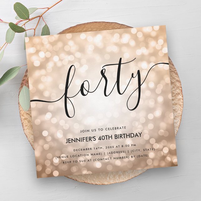 Den moderna 40:e födelsedagen Ro Guld Glitter Ljus Inbjudningar (Modern Rose Gold Glitter Lights 40th Birthday Invitation)
