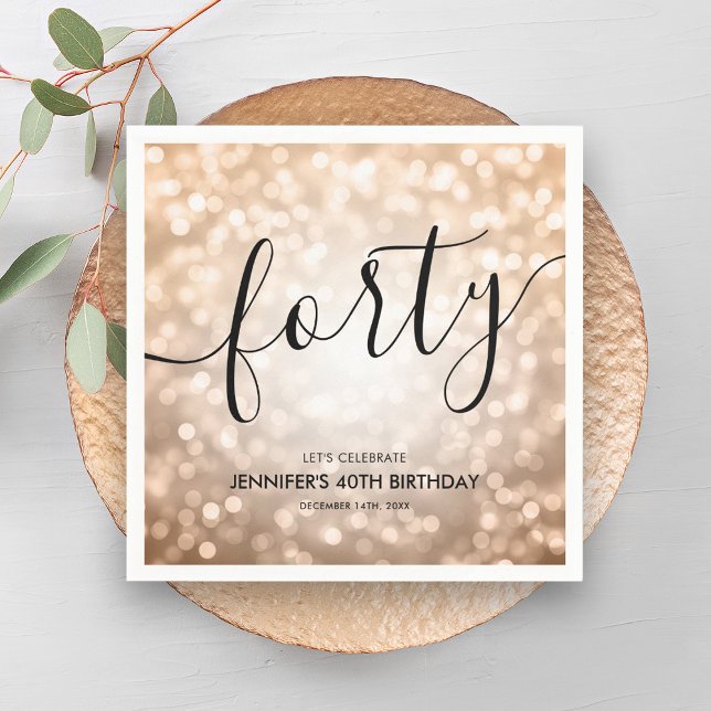 Den moderna 40:e födelsedagen Ro Guld Glitter Ljus Pappersservett (Modern Rose Gold Glitter Lights 40th Birthday Napkins)