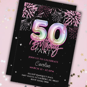 Den moderna 50:e Rosa Foil Balloon Fireworks Birth Inbjudningar