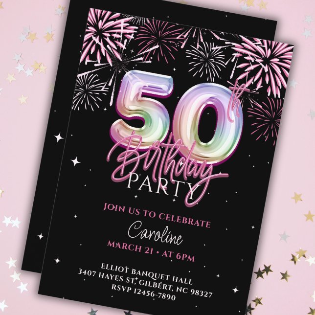 Den moderna 50:e Rosa Foil Balloon Fireworks Birth Inbjudningar (Skapare uppladdad)