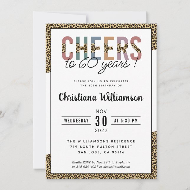 Den moderna 60:e Eleganten Leopard Print Födelseda Inbjudningar (Framsida)