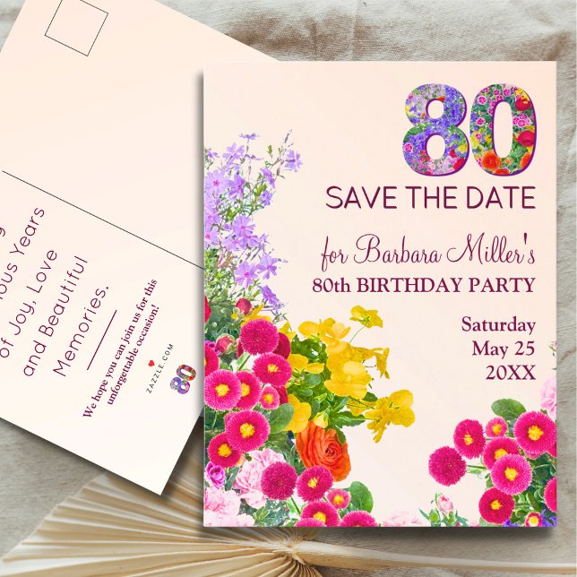 Den moderna 80-åriga blommigten party 80-årsdagen meddelande vykort (Skapare uppladdad)