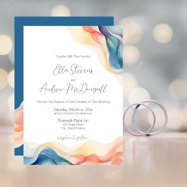 Den moderna Abstrakten Färg Wave Blue Bröllop Inbjudningar (Modern Abstract Color Wave Blue Wedding Invitation Card)