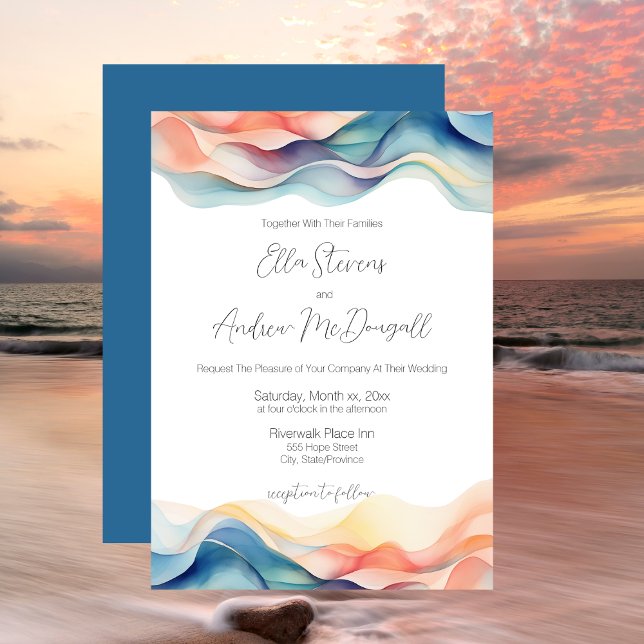 Den moderna Abstrakten Färg Wave Blue Bröllop Inbjudningar (Modern Abstract Color Wave Blue Wedding Invitation)