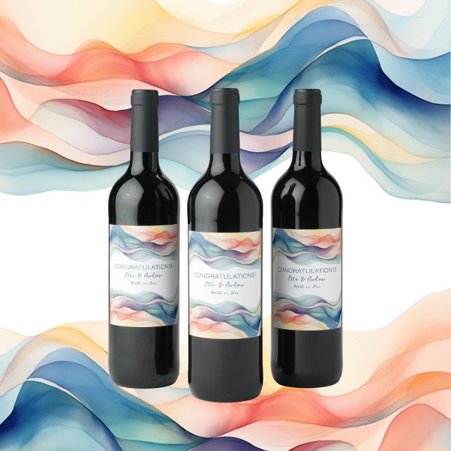 Den moderna Abstrakten Färg Wave Blue White Bröllo Vinflaska Etikett (Modern Abstract Color Wave Blue Wedding Wine Label)