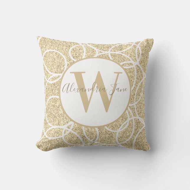 Den moderna Abstrakten Monogram White Circle Guld  Kudde (Framsida)