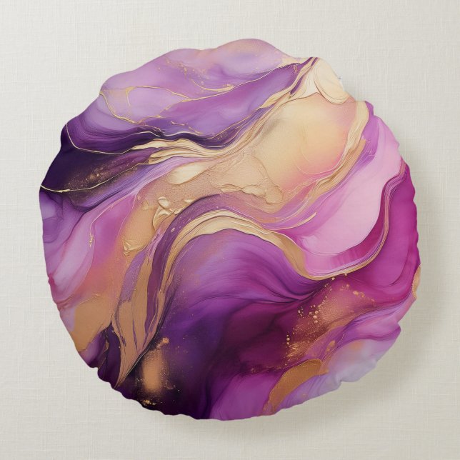 Den moderna Abstraktens Lila Rosa och Guld Rund Kudde (Baksidan)