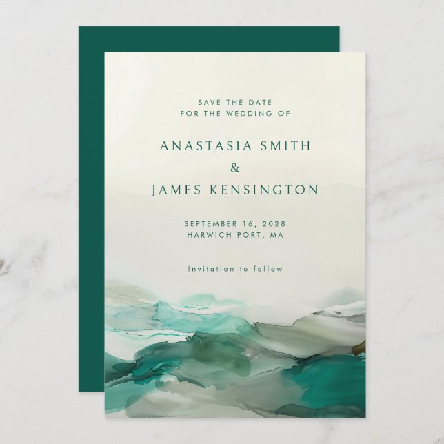 Den moderna Alkohol Bläck Grönt Abstrakt Bröllop Spara Datumet (Fram/baksida)