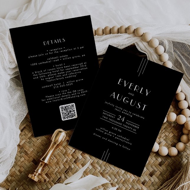 Den moderna Art Deco Black White QR-koden Bröllop Inbjudningar (EVERLY Modern Art Deco Black White QR Code Wedding Invitation)