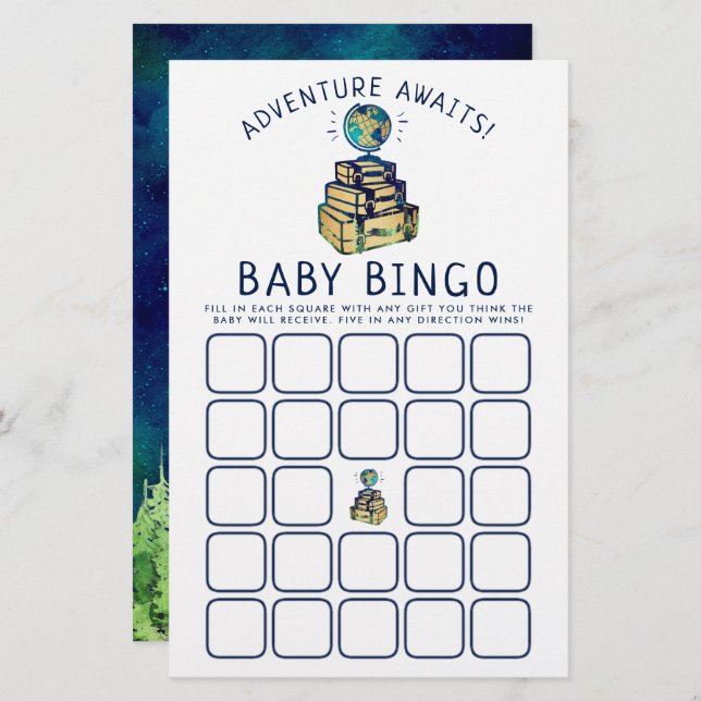 Den moderna Äventyr Travel Globe Baby Shower Bingo (Fram/baksida)