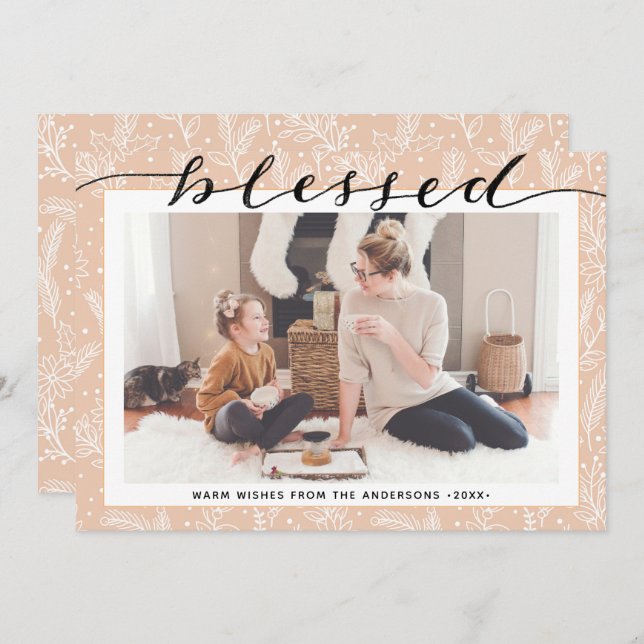 Den moderna Beige Gräs Boughs Elegant Script Minim Julkort (Fram/baksida)