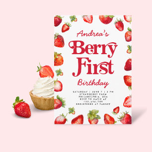 Den moderna berry First Strawberry Birthday för fl Inbjudningar