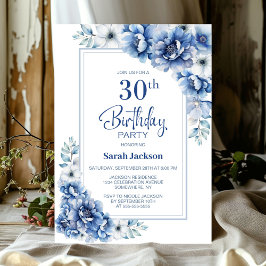 Den moderna blå Blommigten 30års födelsedag Party Inbjudningar