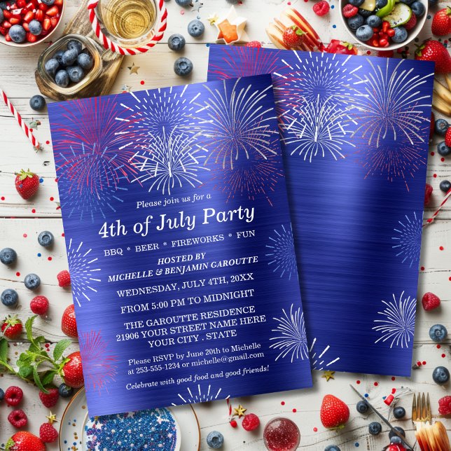 Den moderna blåa 4:e juli-inbjudan till Fireworks  Inbjudningar (Modern Blue 4th of July Fireworks BBQ Invitation)