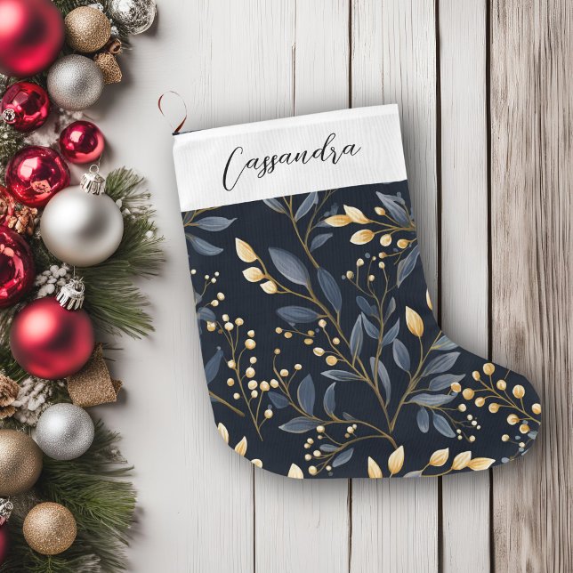 Den moderna blåa och Guld-julen Löv Stor Julstrumpa (Blue & Gold Leaves Christmas Stocking)