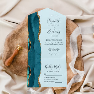 Den moderna Bleken Teal Blue Guld Agate Bröllop