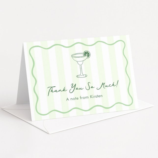 Den moderna Blekens Grönt Margarita Möhippa Tack Kort (Trendy hand-drawn style Margarita bridal shower thank you card with squiggle line border)