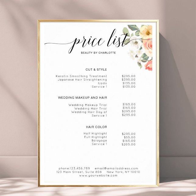 Den moderna, blommigt prisa listan Poster (Modern, floral price list Poster)