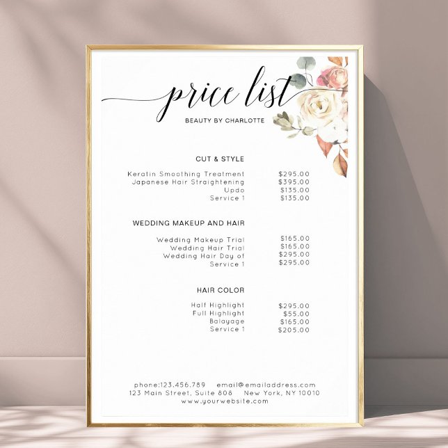 Den moderna, blommigt prisa listan Poster (Modern, floral price list Poster)