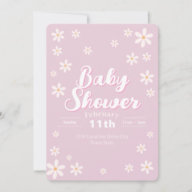 Den moderna Blommigten Baby Shower - Rosa Daisy An Inbjudningar (Framsida)