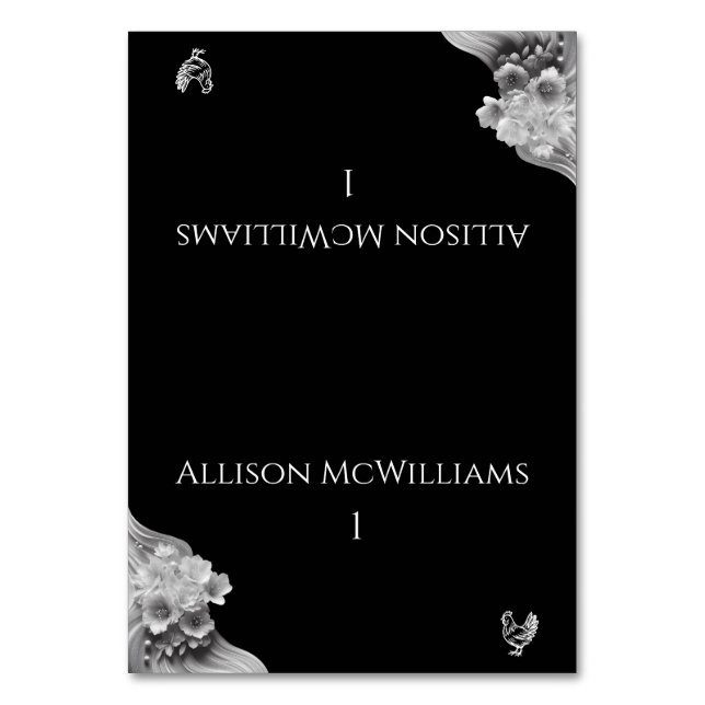 Den moderna Blommigten Bröllop Black and White Pou Bordsnummer (Framsidan)