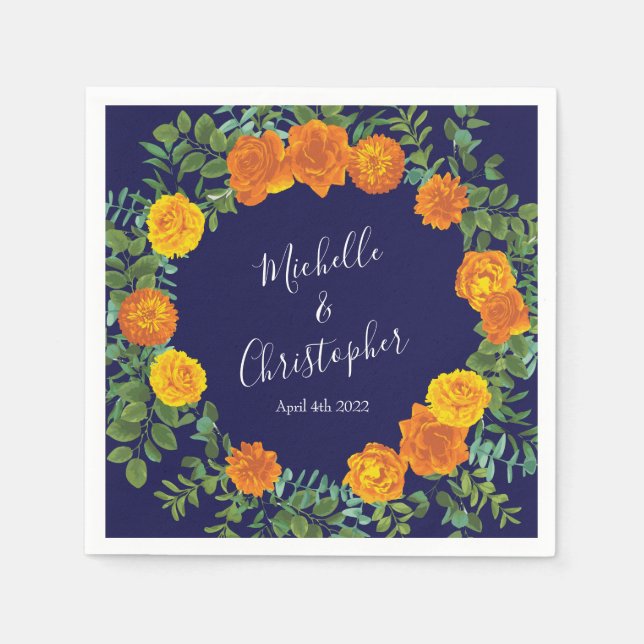 Den moderna Blommigten Bröllop i Ro, blå och Orang Pappersservett (Framsidan)